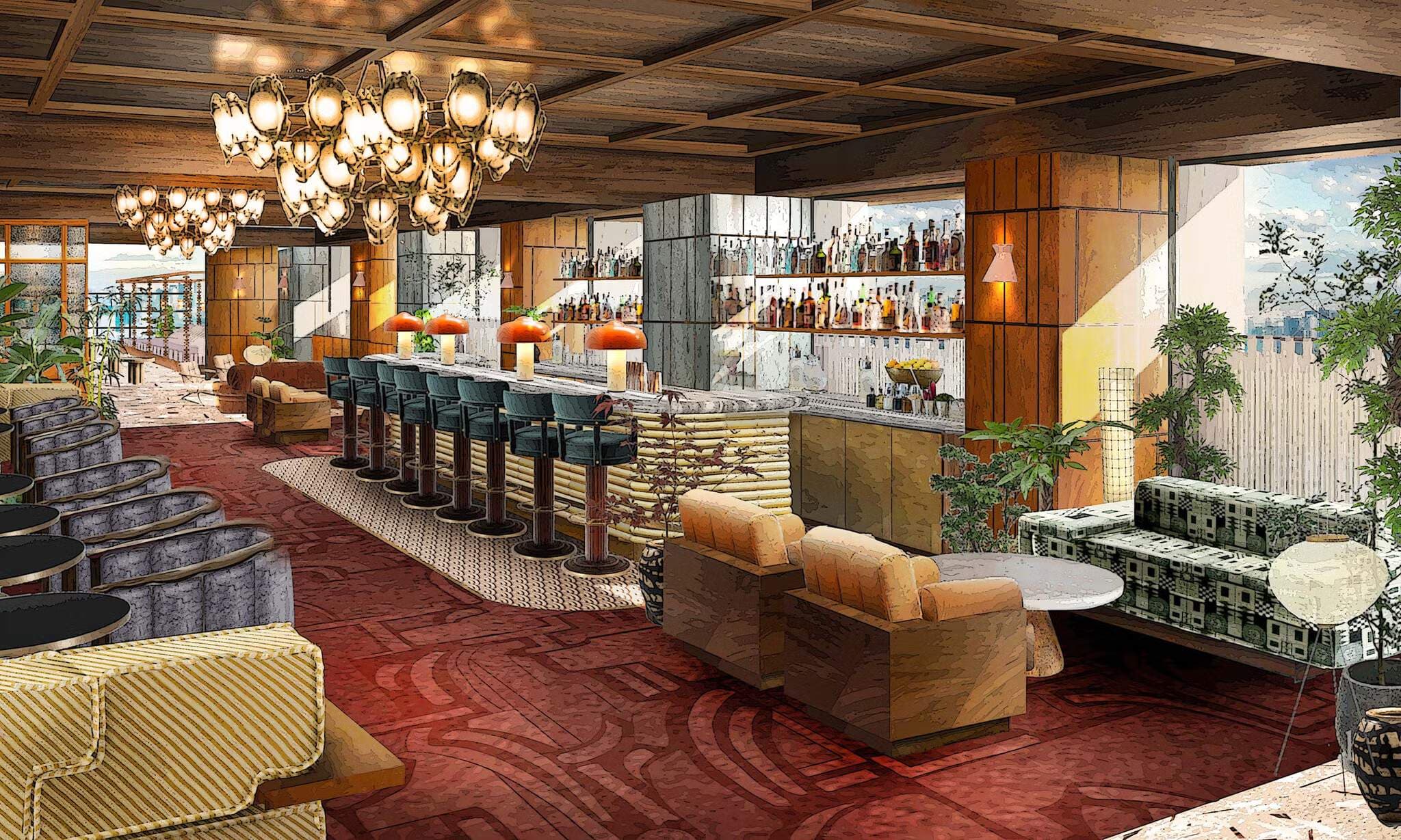 Interior of a contemporary bar with a long marble counter, bar stools, chandeliers, and lounge seating.