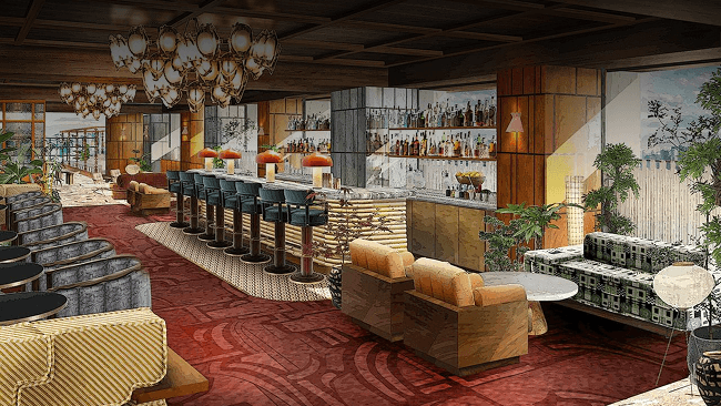 Interior of a contemporary bar with a long marble counter, bar stools, chandeliers, and lounge seating.